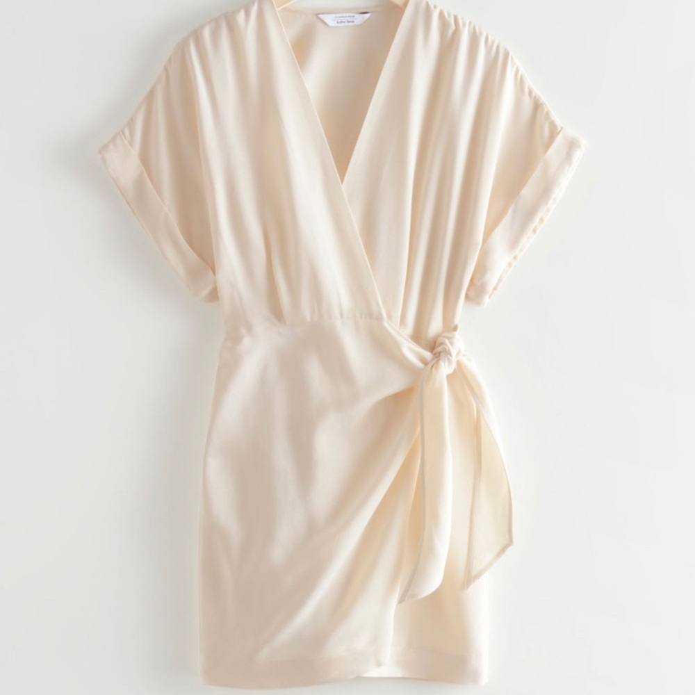 White linen wrap mini dress